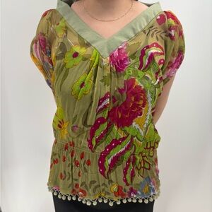 Kas designs vintage v neck y2k boho colorful short sleeve cami top size medium